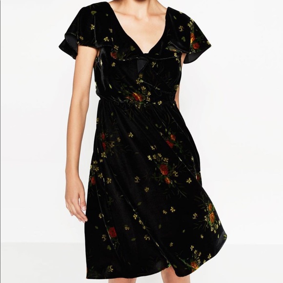 Zara Dresses & Skirts - SALE Zara Velvet Floral Print Flutter Sleeve Dress